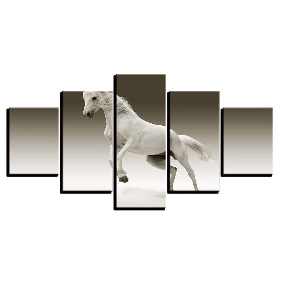 Animal White Horse 5 Piece HD Multi Panel Canvas Wall Art Frame-Original Frame