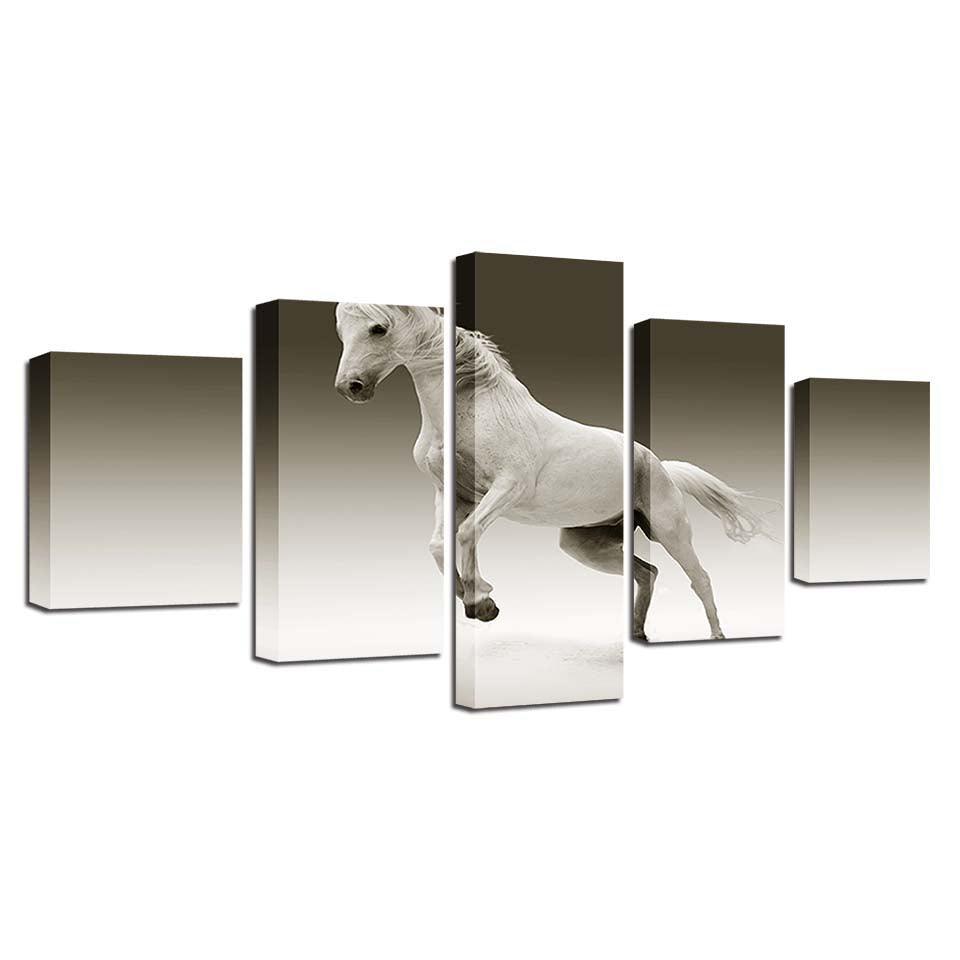 Animal White Horse 5 Piece HD Multi Panel Canvas Wall Art Frame-Original Frame