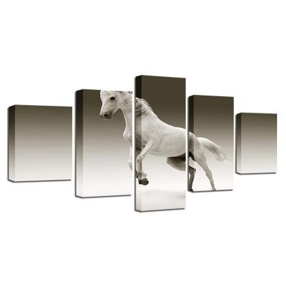 Animal White Horse 5 Piece HD Multi Panel Canvas Wall Art Frame-Original Frame