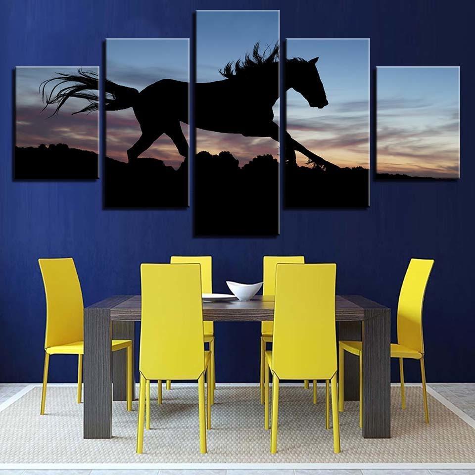 Running Horse In Sunset 5 Piece HD Multi Panel Canvas Wall Art Frame-Original Frame