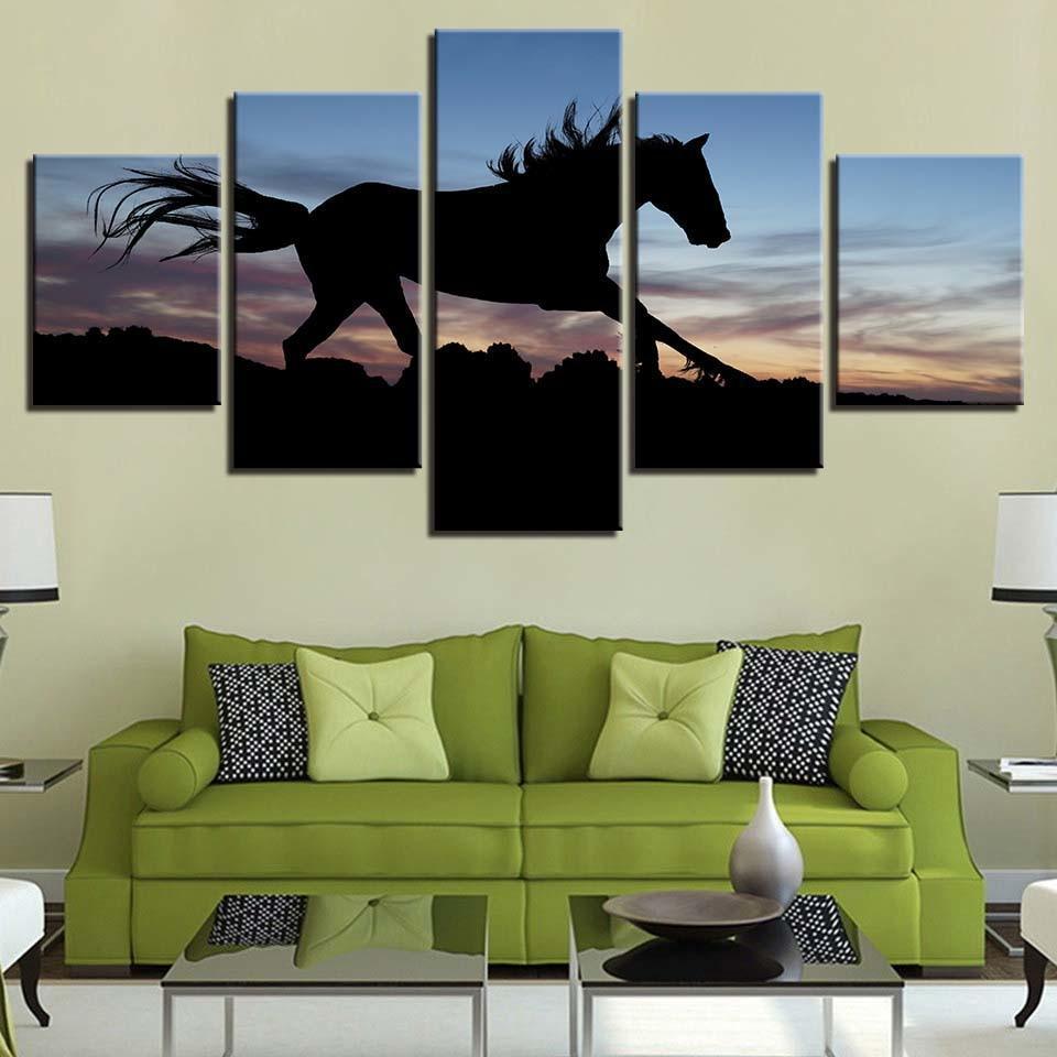 Running Horse In Sunset 5 Piece HD Multi Panel Canvas Wall Art Frame-Original Frame