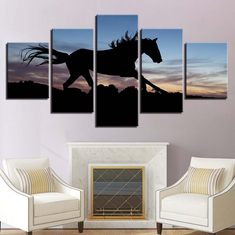 Running Horse In Sunset 5 Piece HD Multi Panel Canvas Wall Art Frame-Original Frame