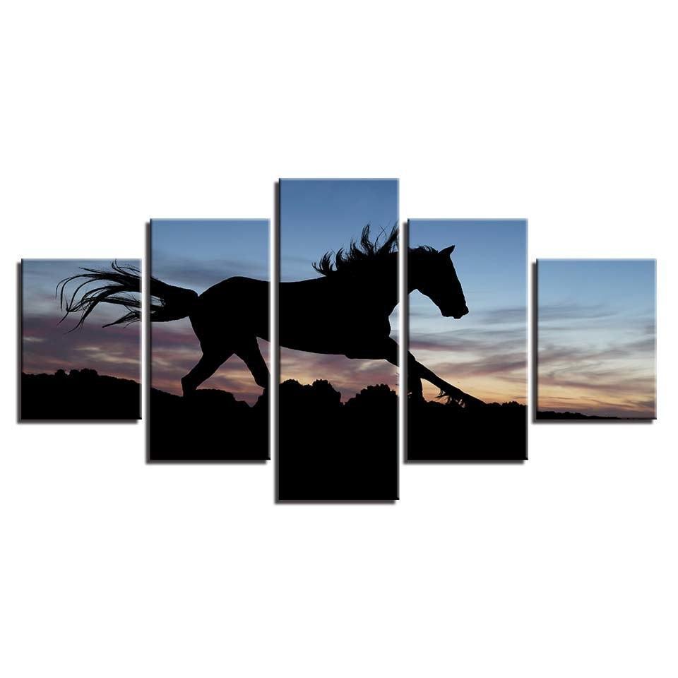 Running Horse In Sunset 5 Piece HD Multi Panel Canvas Wall Art Frame-Original Frame