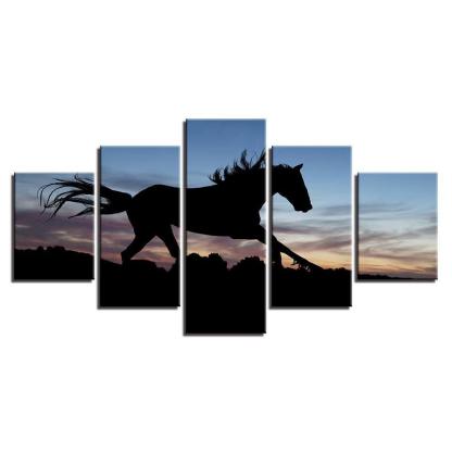Running Horse In Sunset 5 Piece HD Multi Panel Canvas Wall Art Frame-Original Frame