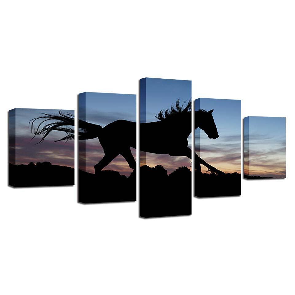 Running Horse In Sunset 5 Piece HD Multi Panel Canvas Wall Art Frame-Original Frame