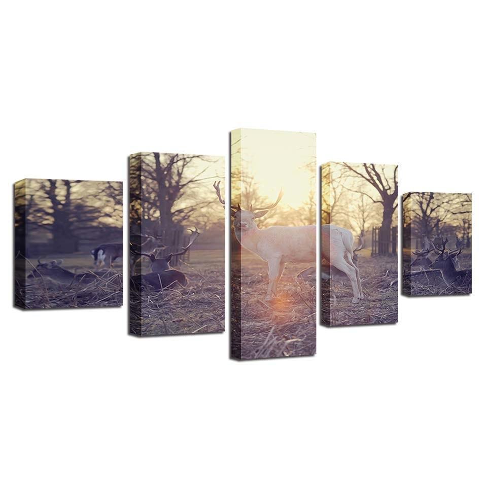 Group of Deer 5 Piece HD Multi Panel Canvas Wall Art-Original Frame