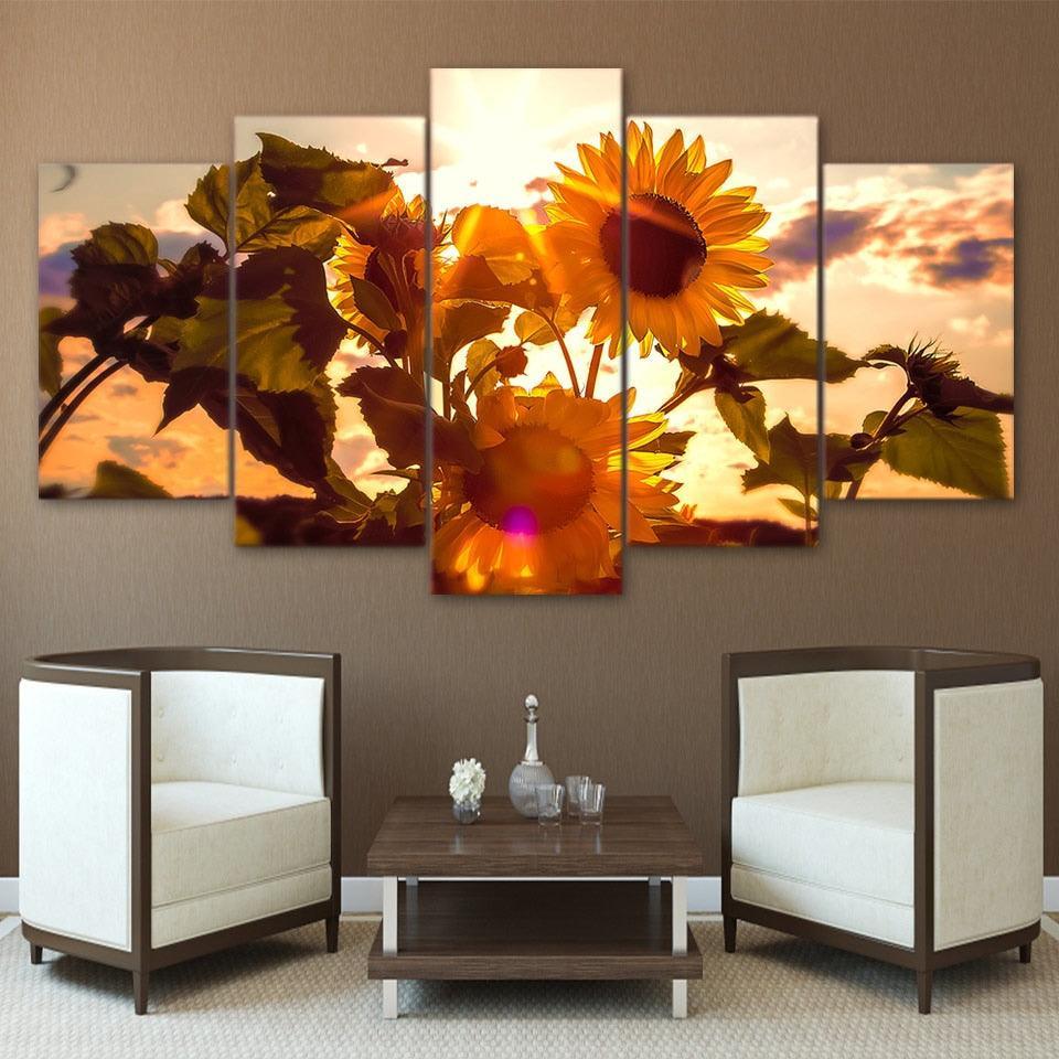 Sunflower Sunset 5 Piece HD Multi Panel Canvas Wall Art Frame-Original Frame
