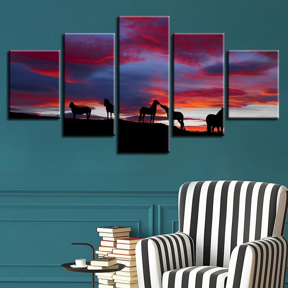Horses Sunset 5 Piece HD Multi Panel Canvas Wall Art Frame-Original Frame
