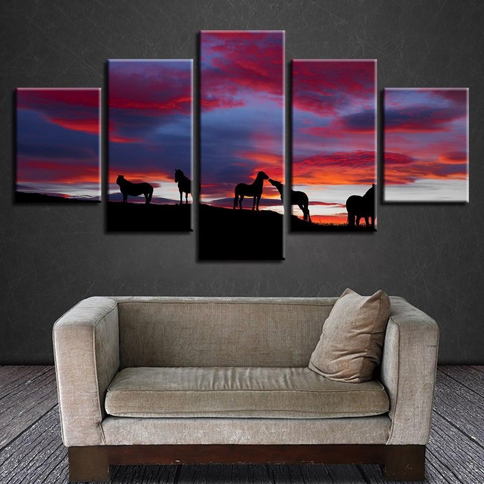 Horses Sunset 5 Piece HD Multi Panel Canvas Wall Art Frame-Original Frame