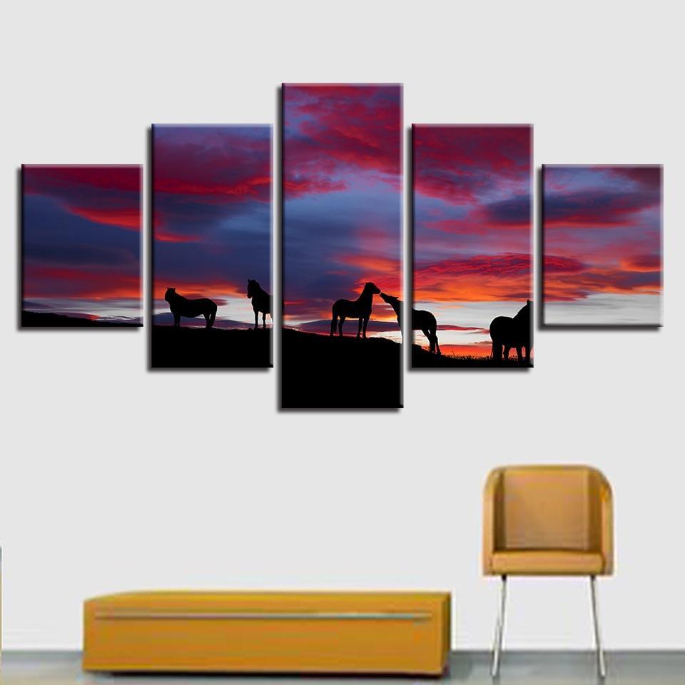 Horses Sunset 5 Piece HD Multi Panel Canvas Wall Art Frame-Original Frame