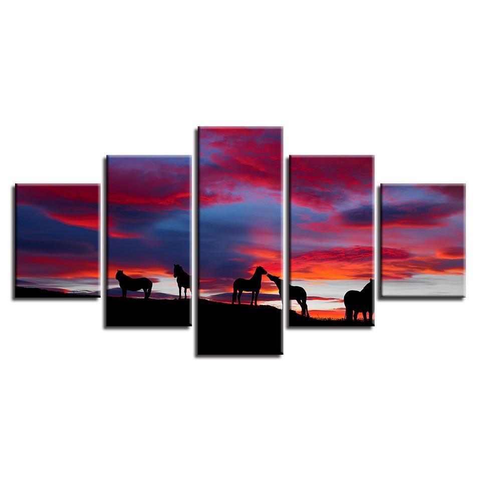 Horses Sunset 5 Piece HD Multi Panel Canvas Wall Art Frame-Original Frame