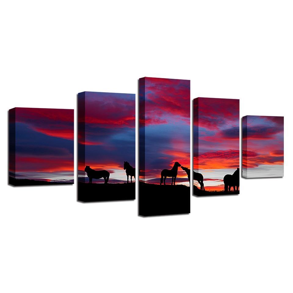Horses Sunset 5 Piece HD Multi Panel Canvas Wall Art Frame-Original Frame