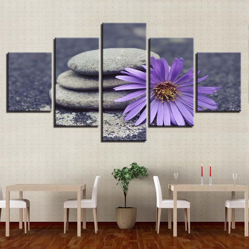 Purple Stone Flower 5 Piece HD Multi Panel Canvas Wall Art-Original Frame