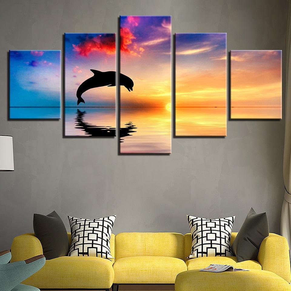 Dolphins Jump Out Of Sea 5 Piece HD Multi Panel Canvas Wall Art Frame-Original Frame