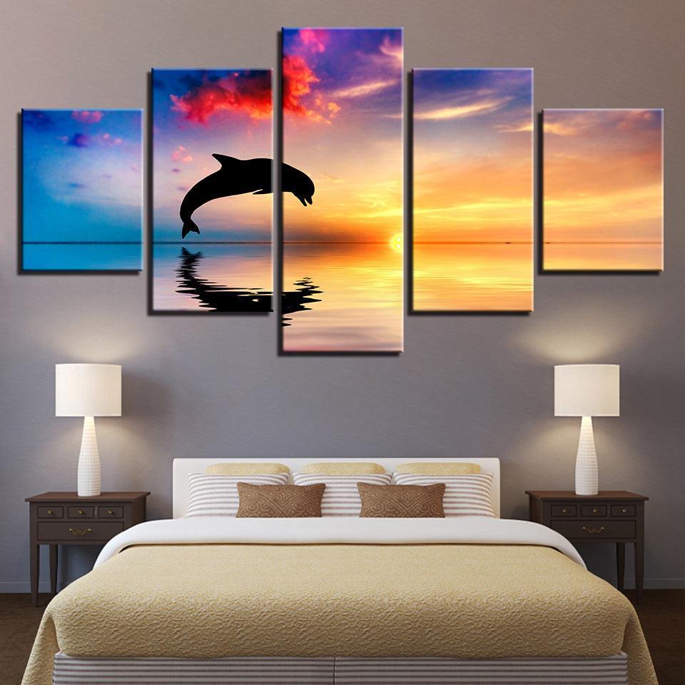 Dolphins Jump Out Of Sea 5 Piece HD Multi Panel Canvas Wall Art Frame-Original Frame
