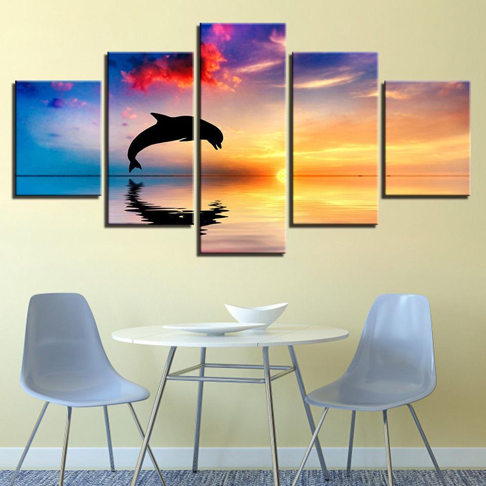 Dolphins Jump Out Of Sea 5 Piece HD Multi Panel Canvas Wall Art Frame-Original Frame