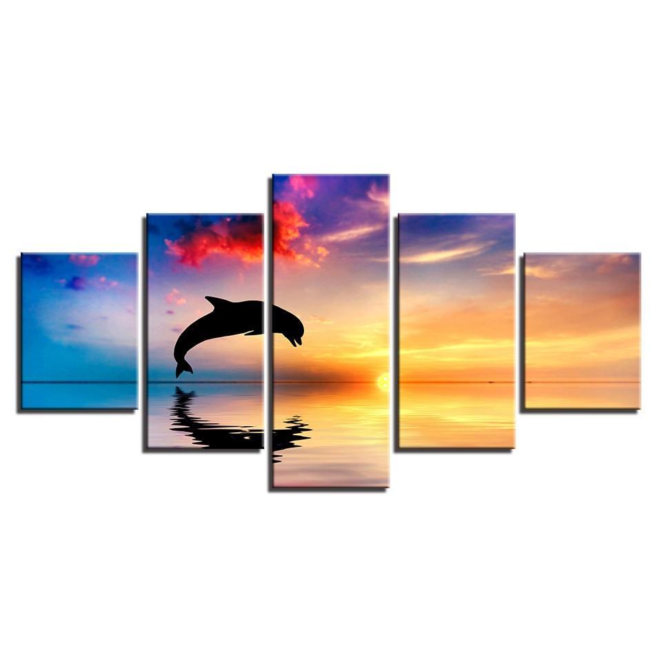 Dolphins Jump Out Of Sea 5 Piece HD Multi Panel Canvas Wall Art Frame-Original Frame