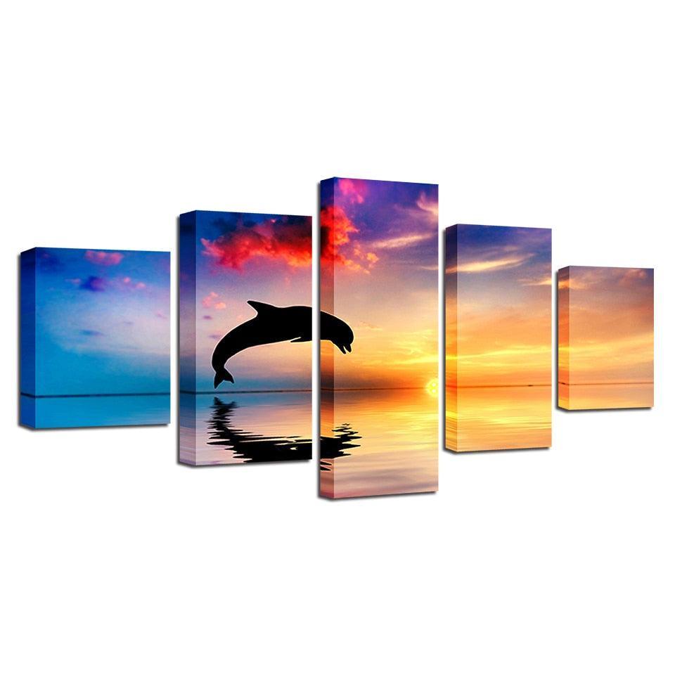 Dolphins Jump Out Of Sea 5 Piece HD Multi Panel Canvas Wall Art Frame-Original Frame