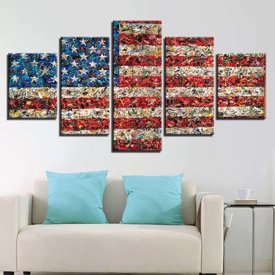 American Flag Retro 5 Piece HD Multi Panel Canvas Wall Art Frame-Original Frame