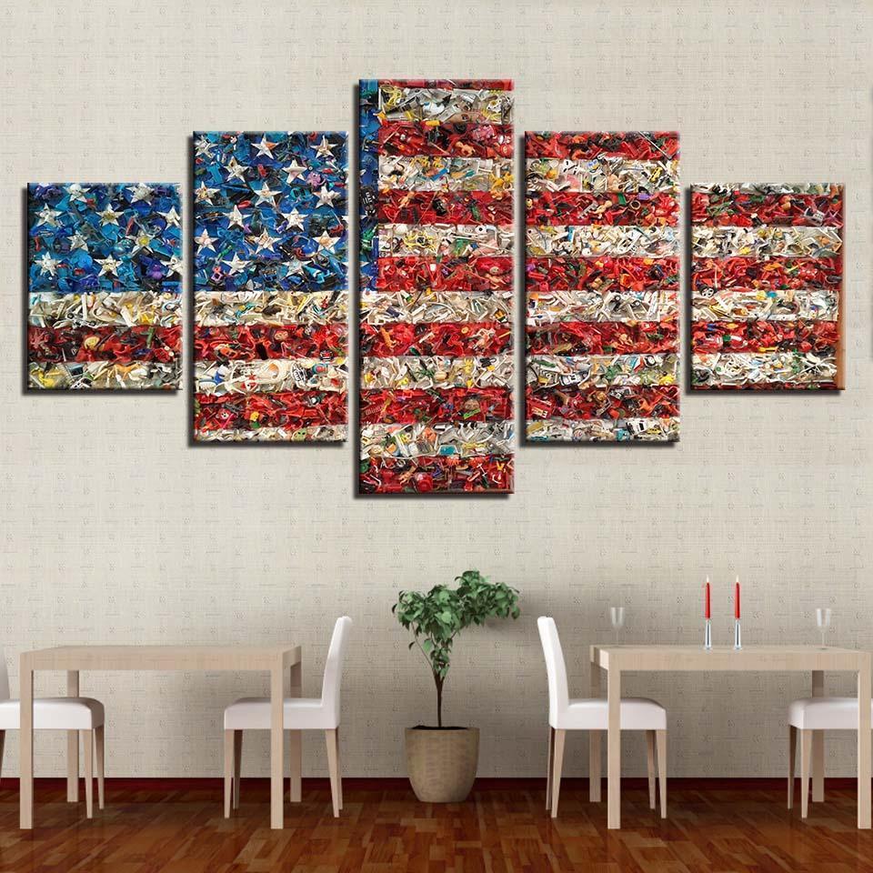 American Flag Retro 5 Piece HD Multi Panel Canvas Wall Art Frame-Original Frame