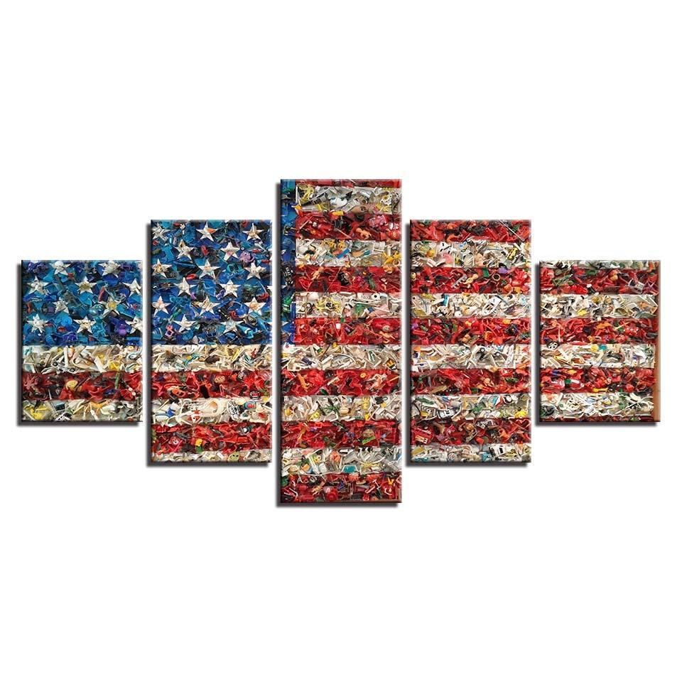 American Flag Retro 5 Piece HD Multi Panel Canvas Wall Art Frame-Original Frame