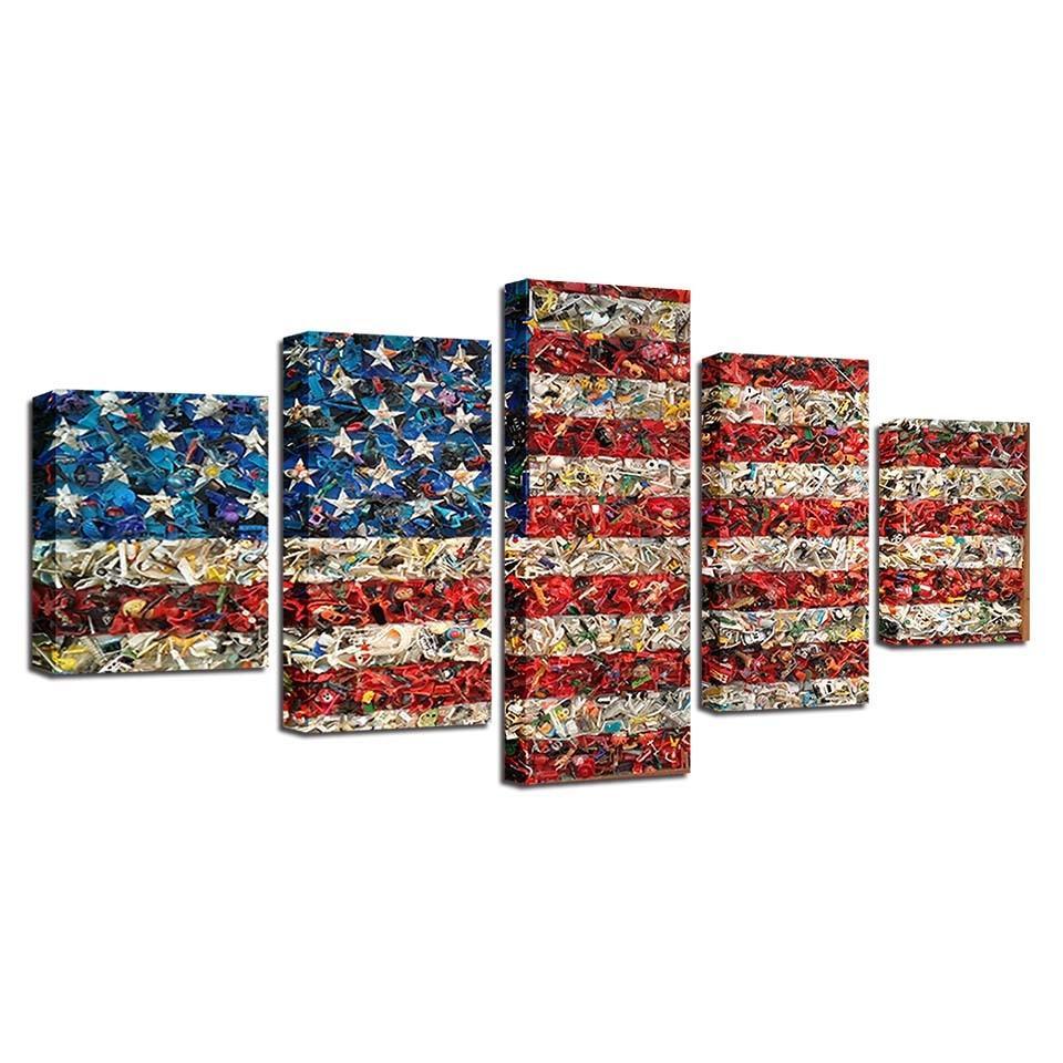 American Flag Retro 5 Piece HD Multi Panel Canvas Wall Art Frame-Original Frame