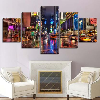 City Street Night 5 Piece HD Multi Panel Canvas Wall Art Frame-Original Frame