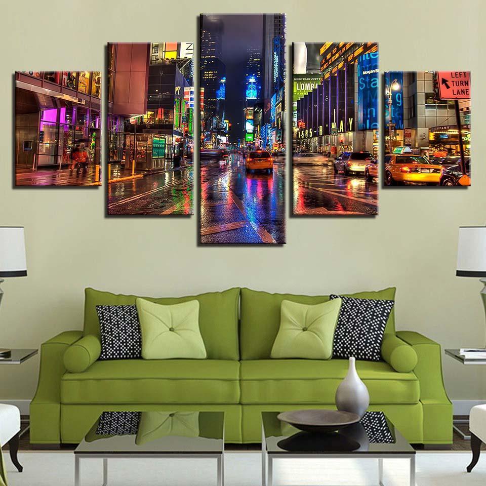 City Street Night 5 Piece HD Multi Panel Canvas Wall Art Frame-Original Frame