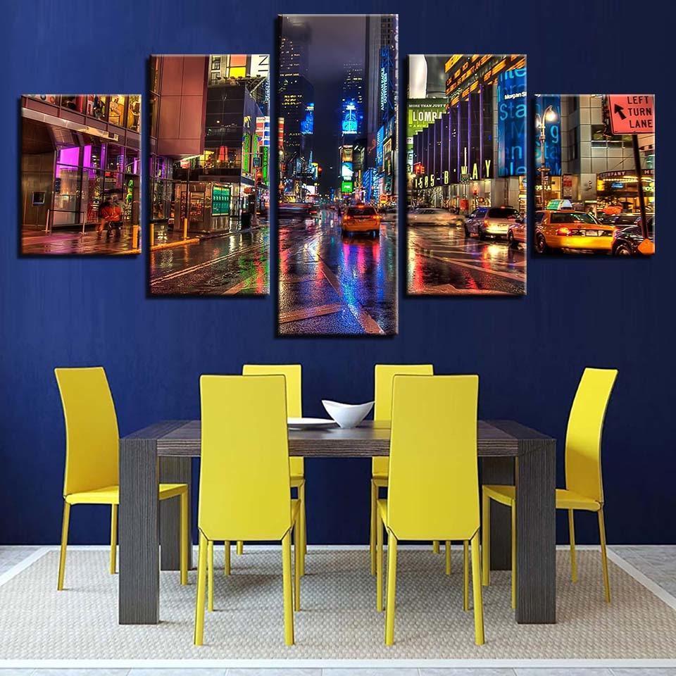 City Street Night 5 Piece HD Multi Panel Canvas Wall Art Frame-Original Frame