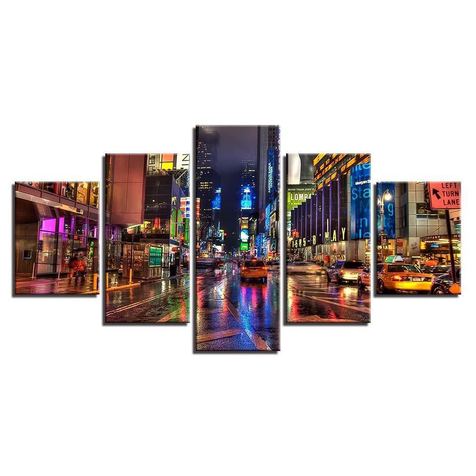 City Street Night 5 Piece HD Multi Panel Canvas Wall Art Frame-Original Frame