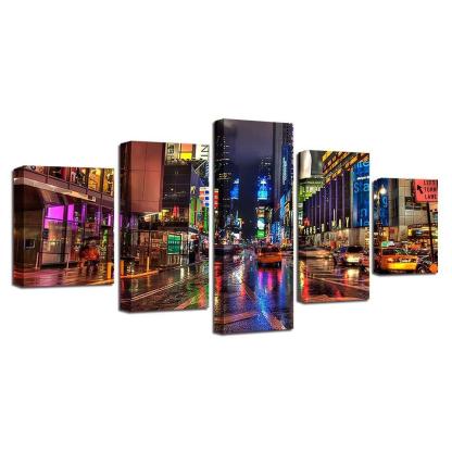 City Street Night 5 Piece HD Multi Panel Canvas Wall Art Frame-Original Frame
