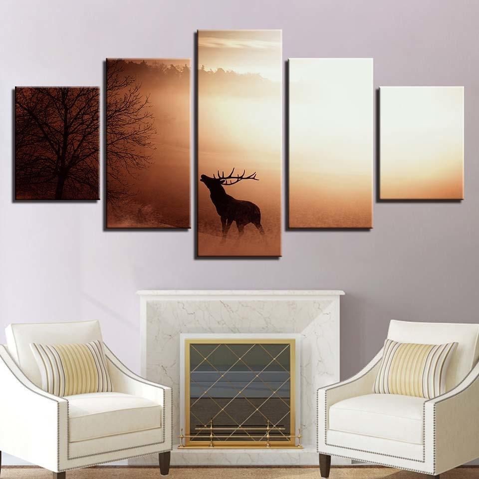 Elk in the Sunrise 5 Piece HD Multi Panel Canvas Wall Art Frame-Original Frame