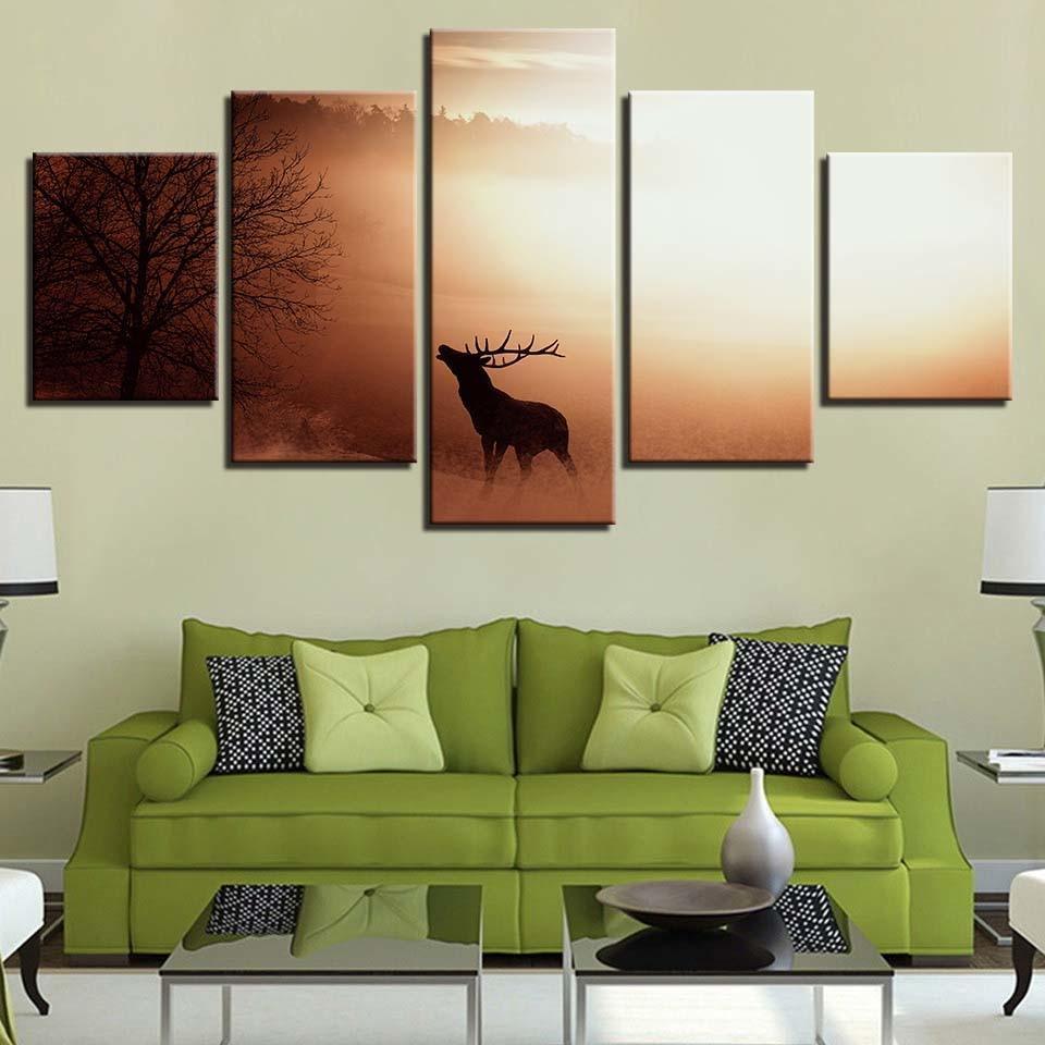 Elk in the Sunrise 5 Piece HD Multi Panel Canvas Wall Art Frame-Original Frame