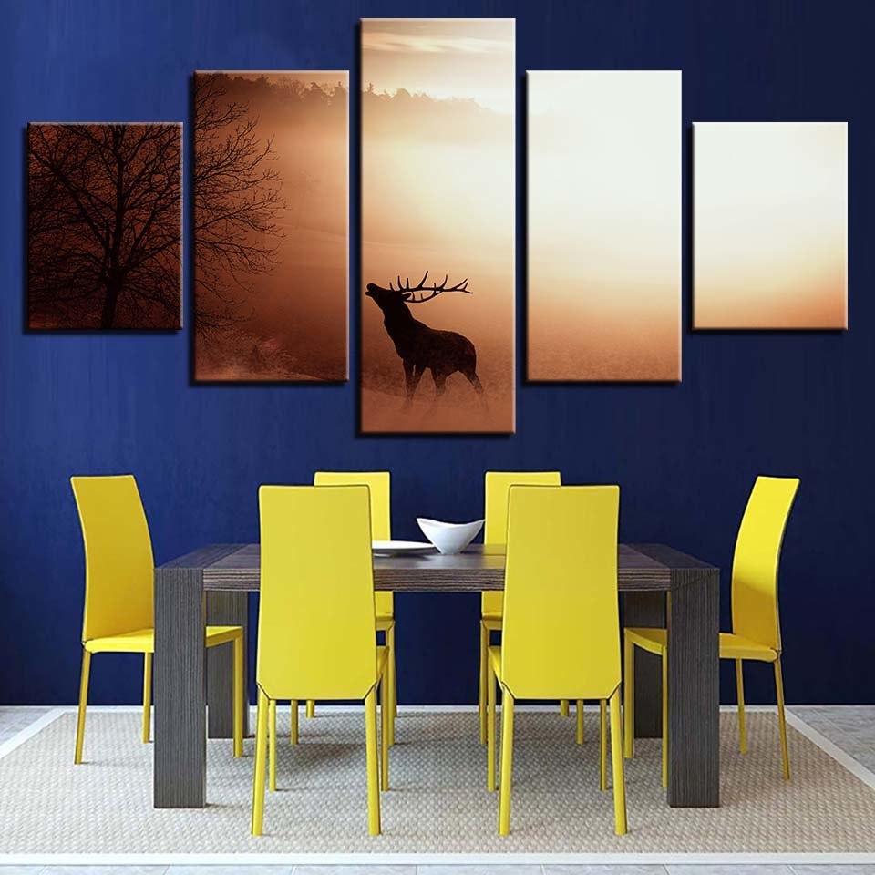 Elk in the Sunrise 5 Piece HD Multi Panel Canvas Wall Art Frame-Original Frame