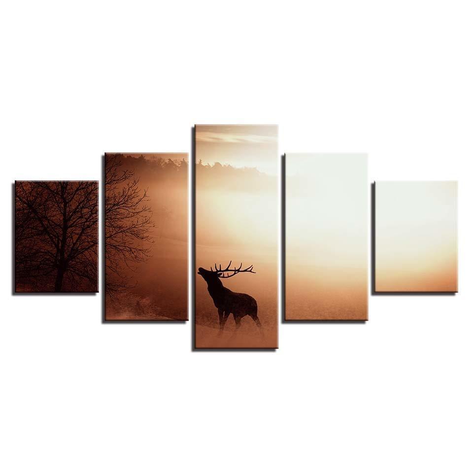 Elk in the Sunrise 5 Piece HD Multi Panel Canvas Wall Art Frame-Original Frame
