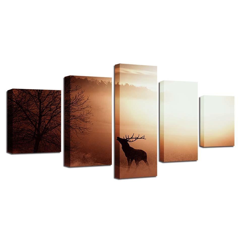 Elk in the Sunrise 5 Piece HD Multi Panel Canvas Wall Art Frame-Original Frame