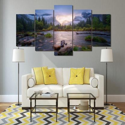 Cloudy Forest 5 Piece HD Multi Panel Canvas Wall Art Frame-Original Frame