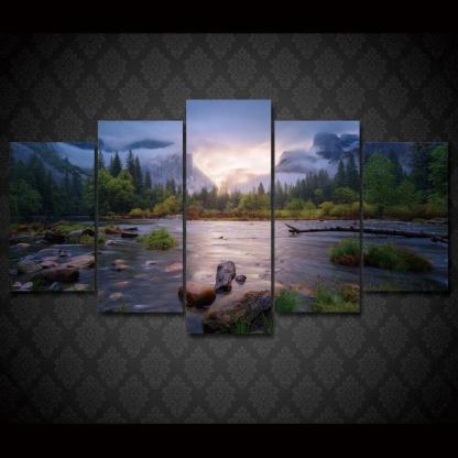Cloudy Forest 5 Piece HD Multi Panel Canvas Wall Art Frame-Original Frame