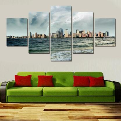 Water Buildings 5 Piece HD Multi Panel Canvas Wall Art Frame-Original Frame