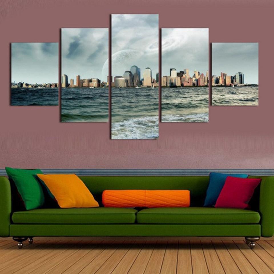Water Buildings 5 Piece HD Multi Panel Canvas Wall Art Frame-Original Frame