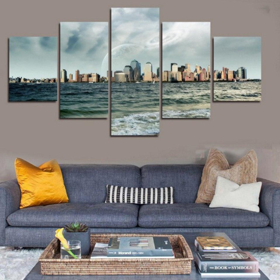 Water Buildings 5 Piece HD Multi Panel Canvas Wall Art Frame-Original Frame