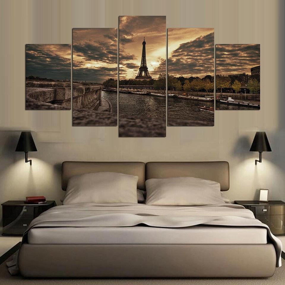 Majestic Eiffel Tower At Twilight 5 Piece HD Multi Panel Canvas Wall Art Frame-Original Frame