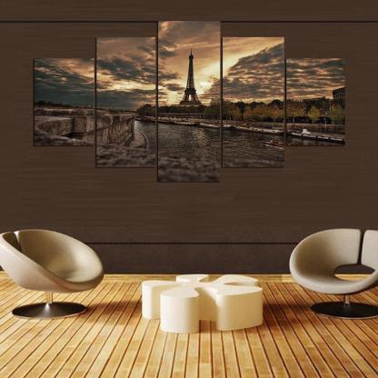 Majestic Eiffel Tower At Twilight 5 Piece HD Multi Panel Canvas Wall Art Frame-Original Frame