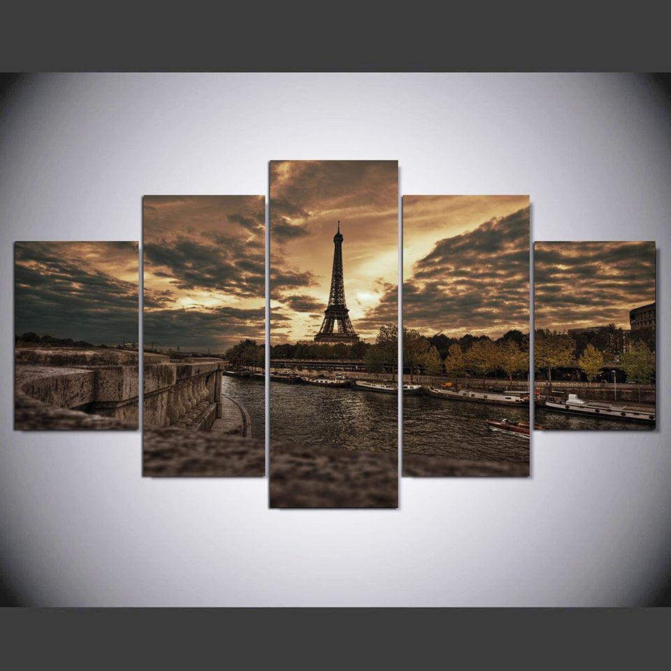 Majestic Eiffel Tower At Twilight 5 Piece HD Multi Panel Canvas Wall Art Frame-Original Frame