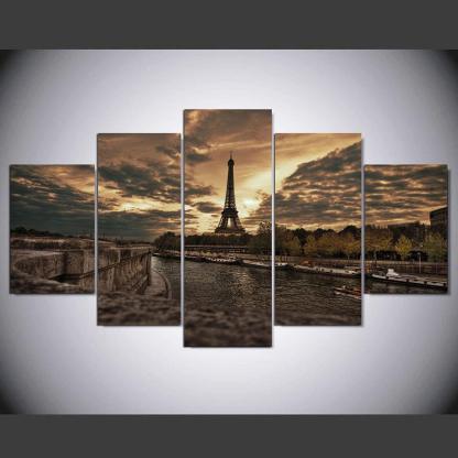 Majestic Eiffel Tower At Twilight 5 Piece HD Multi Panel Canvas Wall Art Frame-Original Frame