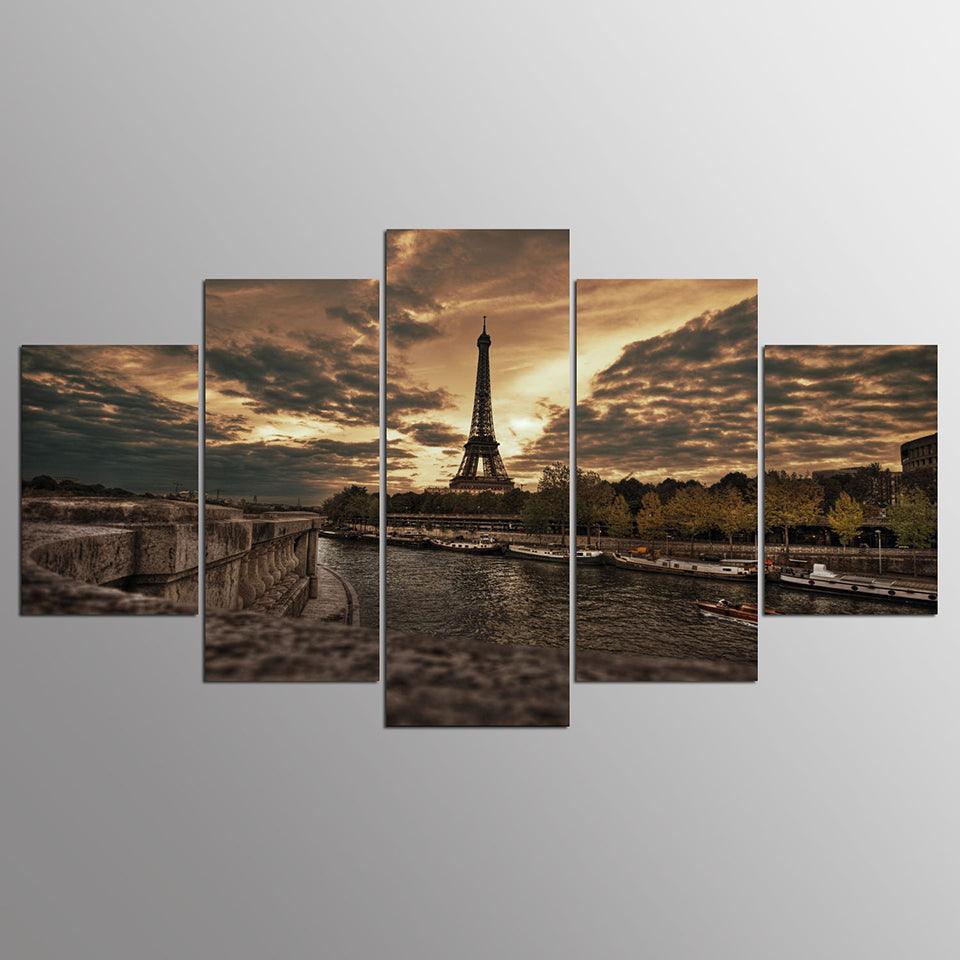 Majestic Eiffel Tower At Twilight 5 Piece HD Multi Panel Canvas Wall Art Frame-Original Frame