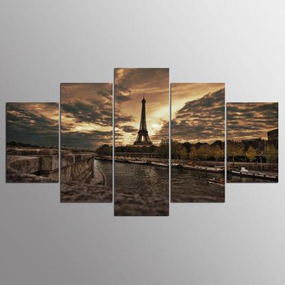 Majestic Eiffel Tower At Twilight 5 Piece HD Multi Panel Canvas Wall Art Frame-Original Frame