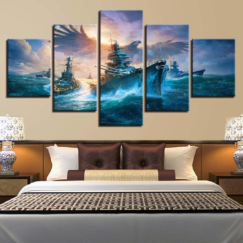 Battleships And Eagle 5 Piece HD Multi Panel Canvas Wall Art Frame-Original Frame