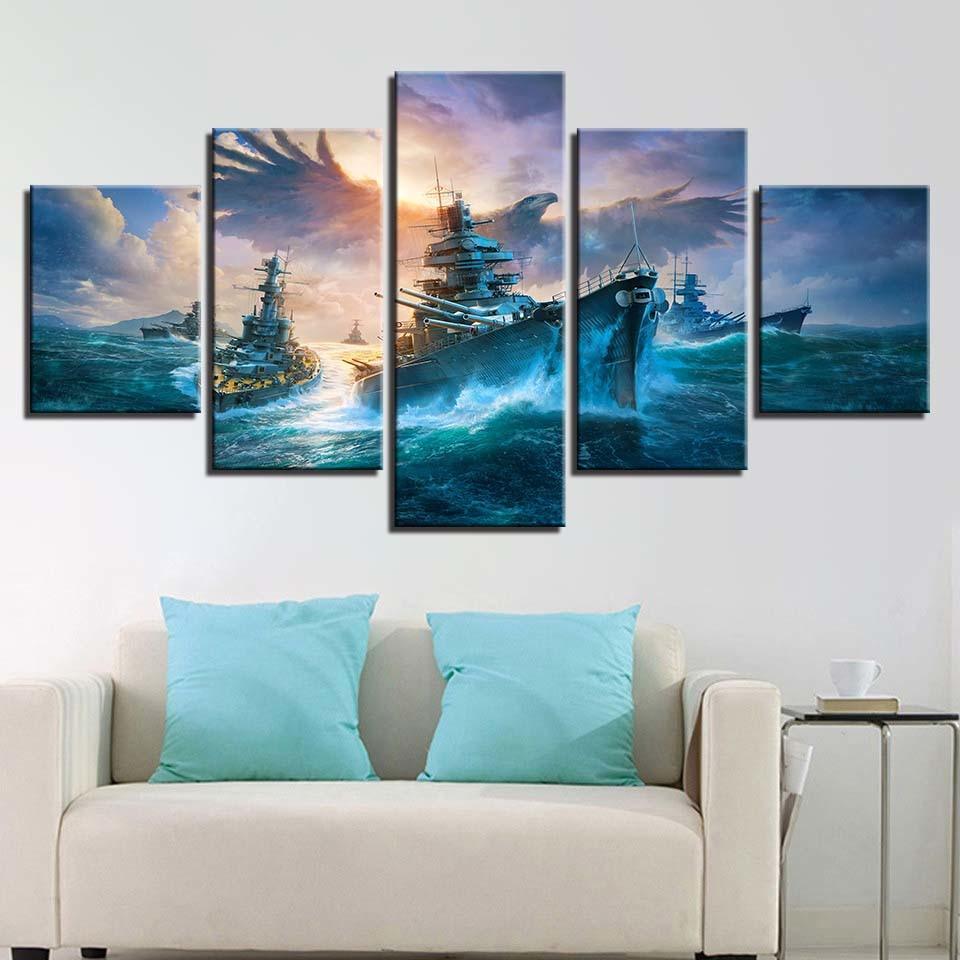 Battleships And Eagle 5 Piece HD Multi Panel Canvas Wall Art Frame-Original Frame