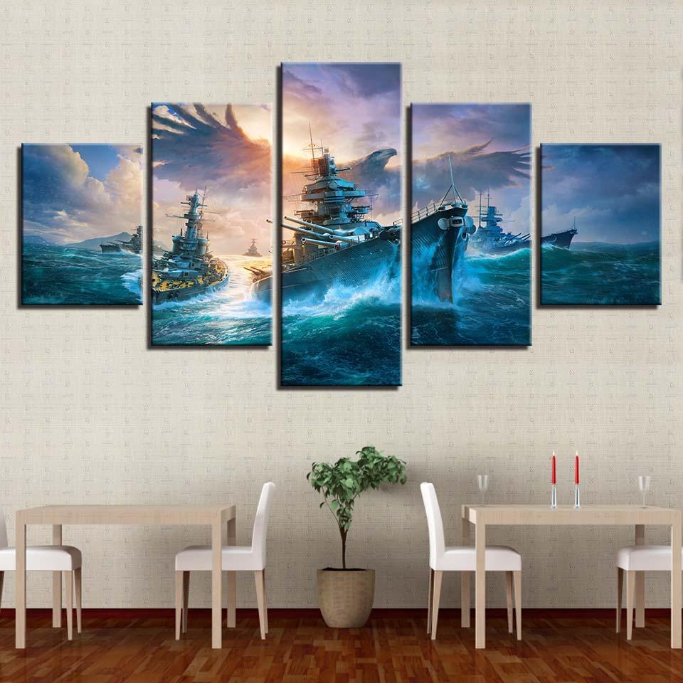 Battleships And Eagle 5 Piece HD Multi Panel Canvas Wall Art Frame-Original Frame